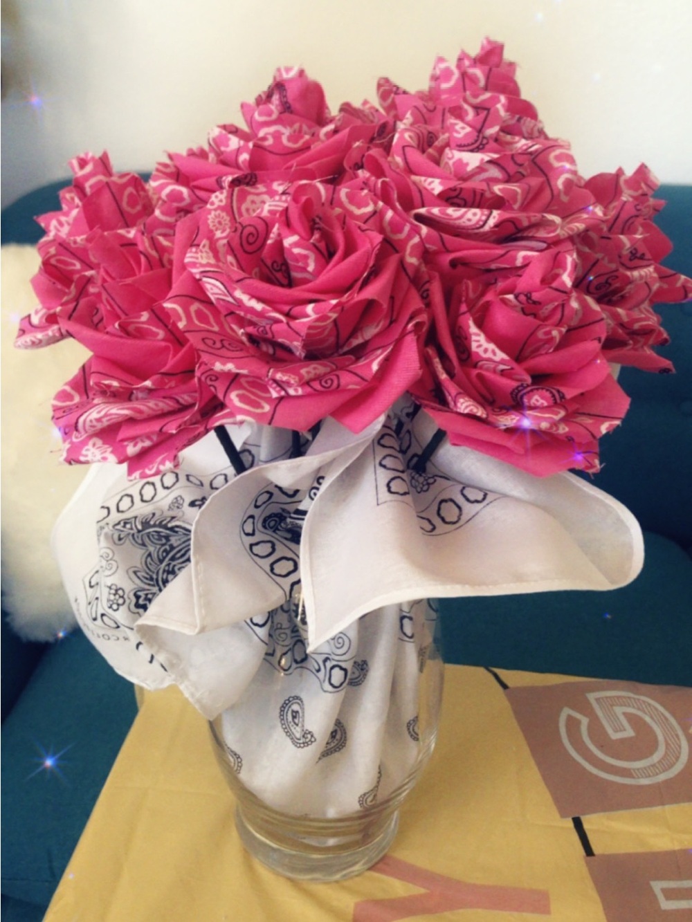 Handcrafted Pink Fabric Bandana Rose Bouquet - Home Accents